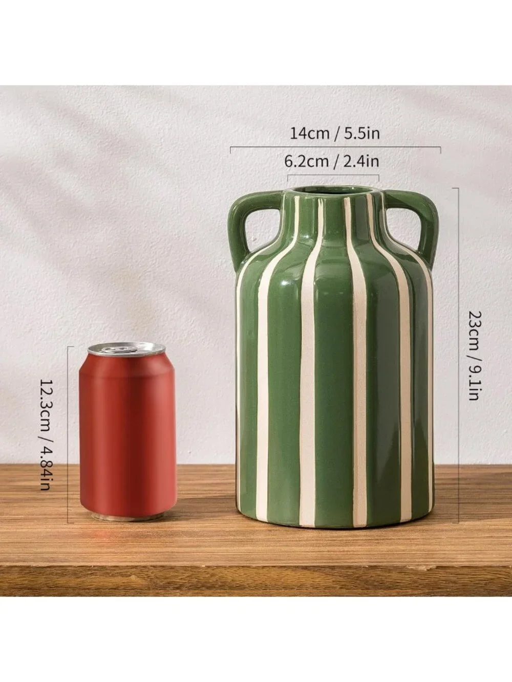 Modern Farmhouse Striped Ceramic Vase with Handles, 9.1